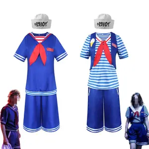 Stranger Things 3 Scoops Ahoy Cosplay Costume Set - Steve/Robin Inspired Navy Sailor Striped Uniform, Complete with Shirt/Romper, Red Neck Tie Polyester 80s Nostalgic Design for Halloween, Cosplay Conventions & Themed Watch Parties