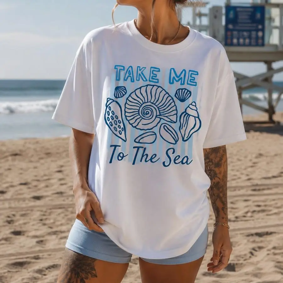 Women's Seashell Print Oversized Loose Cotton Short-Sleeve T-Shirt - Streetwear Clothes for Summer Beach Vacation, Casual Daily Aesthetic Tops, Baggy, Round Neck