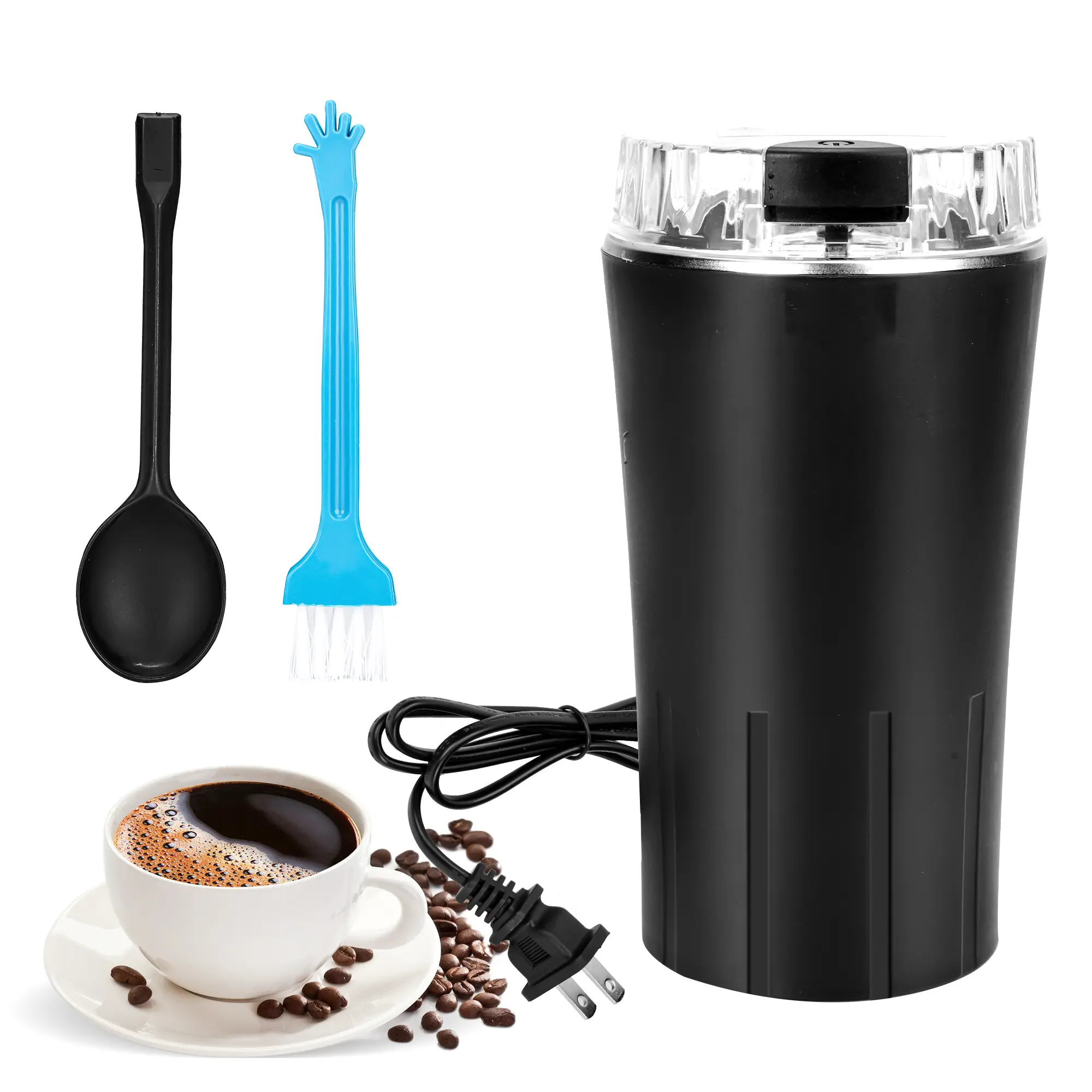 Stainless Steel Electric Herb & Coffee Grinder - 1-Touch Push Button, Food-Grade Compact Mill with Lid, Cleaning Brush, US Stock, Ideal Kitchen Gift for Chefs (for Spices, Nuts, Grains & Flower Buds)