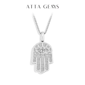 ATTAGEMS Hamsa Hand Evil Eye D Color VVS1 Lab-Created Moissanite Pendant Necklace for Women Men Unisex S925 Silver Necklace Birthday Anniversary Holiday Gift Fine Jewelry N057
