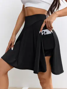 Women's Solid Color Split Thigh Pocket Sports Skort, Casual Sporty High Waist Skort for Running Tennis, Ladies Sportswear for Summer