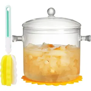 Clear Glass Cooking Pot With Lid And Brush And Silicone Hot Pads On Stove - 3L(101oz) Borosilicate Glass Simmer Pot And Pan With Cover - Glass Cookware Stovetop Pot Set For Pasta, Noodle, Soup, Milk