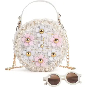 P-AD084   Kids Purse for Girls Age 1-14, Flower Purse for Kids, White Toddler Wallet with Round Glasses, Cute Girls Handbag, Toddler Crossbody Bag Gift for Christmas