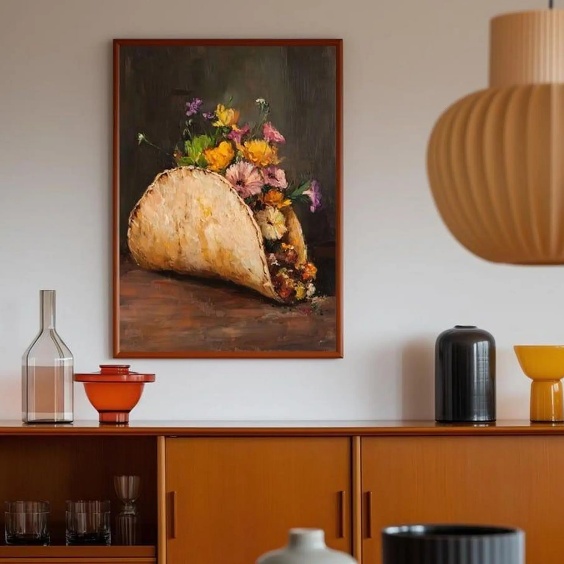 Flower Taco Wall Art -Quirky Foodie Kitchen Print Funny Floral Still Life Kitschy Maximalist Decor, Home Decor, No Frame