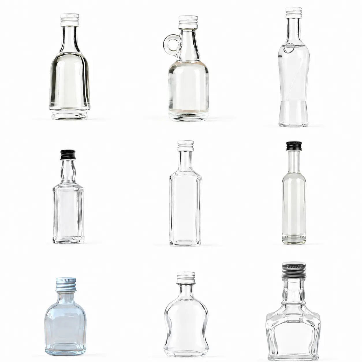 4 Pack Mini Glass Liquor Bottles, Each Bottle 1.7 oz (50ml), Lead-Free Thick Glass Spirit Bottles with Leakproof Screw Caps, 9 Assorted Styles for Whiskey Samples, Gifts, Travel & Party Favors