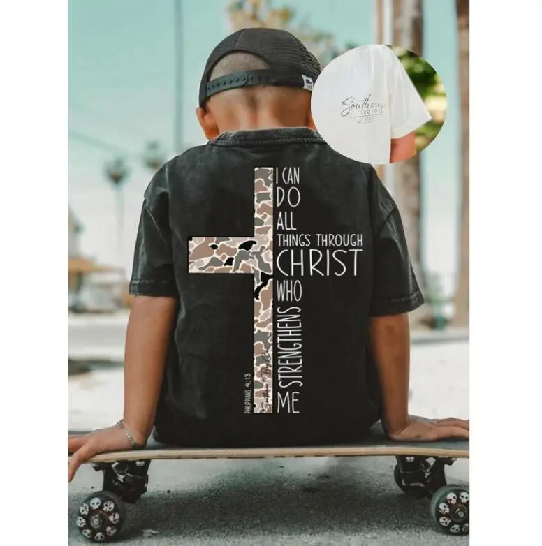 Youth 2-Side Christ Strengthens Me Tee, #southernboy clothes, boy clothes, western baby clothes, trending summer, casual, gift for son, cotton, family shirt
