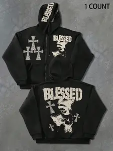 Men's Black BLESSED Graphic Hoodie with Cross Patches and Bible Print Design, Religious Streetwear Pullover with Sleeve Text for Casual Wear and Faith-Based Apparel