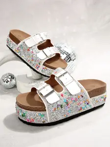 Y2K Rainbow Sequin Bohemian Sandals, PU Leather, Rubber Sole, Fashion Buckle Slide, Mid Heel, Beach Shoes for Women, Summer Style, Backless Sandals