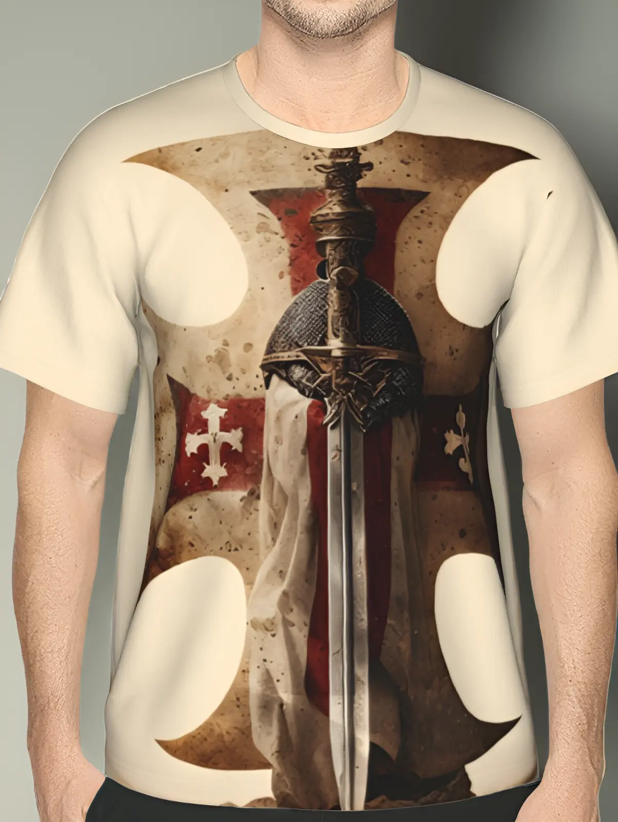 Men's 3D Printed Medieval Knight T-Shirt - Templar Sword in Stone, Chainmail & Cross Design, Polyester Breathable Short Sleeve, Drop Shoulder, Geometric Chivalry Art, S-XXXXL, Casual Wear, Dry Clean Compatible, Chivalry Religious Warfare Art Print, All Ov