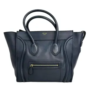 Pre-owned Celine Leather Tote Bags Navy Blue Mini Luggage Tote Bag with Gold Zipper Detail and Tote Design