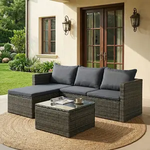 Walsunny 5 Piece Patio Furniture Set Outdoor Sectional Wicker Patio Furniture with Glass Table and Cushions, All-Weather Wicker Rattan, Grey
