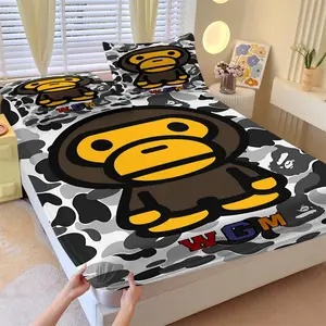 3Pcs Stylish Cartoon Ape Fitted Sheet Set, Bedsheet Sets, BAPE-Inspired Camouflage Design with Bold 'WGM' Lettering, Trendy Streetwear Aesthetic, Perfect for Kids and Modern Bedroom Decor, Comfortable and Durable Fabric, No Pillow Core