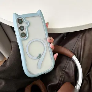 2026 newCute Cat Ear Cartoon Phone Case For Galaxy S25Ultra S25 S24 S23 Plus Transparent PC Magnetic Cover Wireless Charge Shell