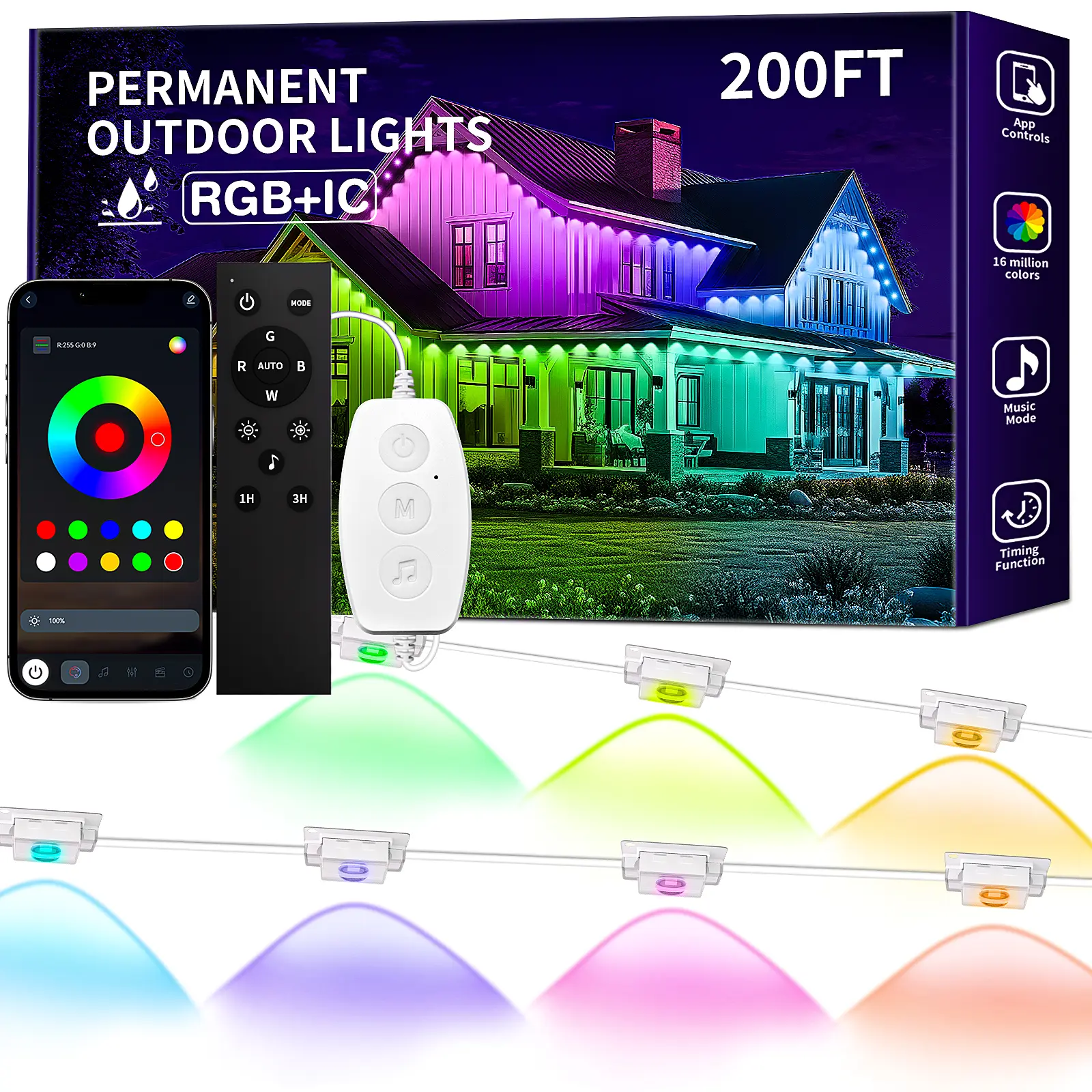 RGB+IC IP67 Waterproof  Outdoor LED Permanent Light,  Christmas Lights Comes with App and Remote Control, Best Choice for Party, Valentine's Day Decoration, Garden and Gift for Boyfriend or Girlfriend, Patio Outdoor Light
