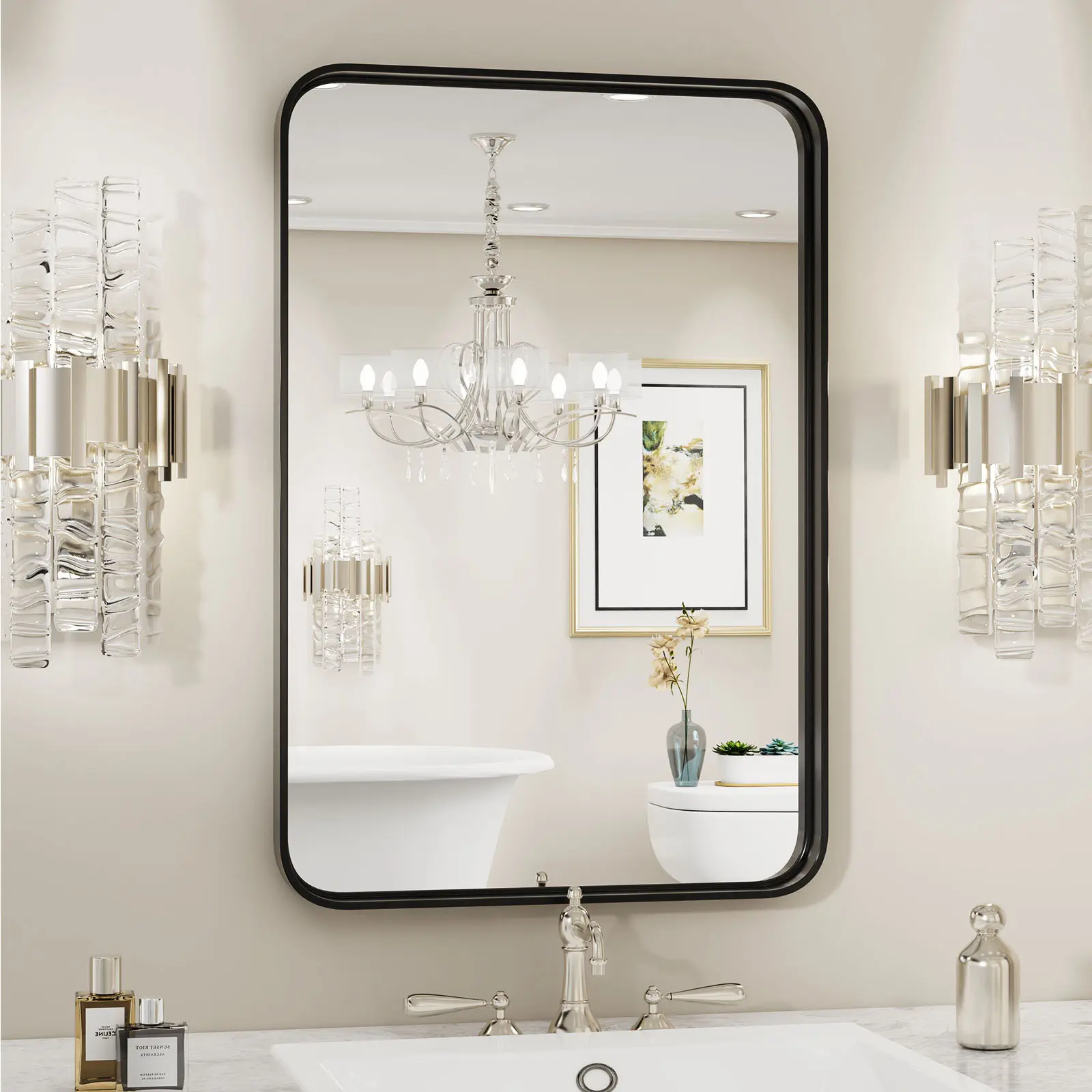 Bathroom Mirror Vanity Mirror for Wall, Aluminum Alloy FramedFarmhouse,Anti-Rust,Tempered Glass, Rounded Rectangle,Hangs Horizontally or Vertically