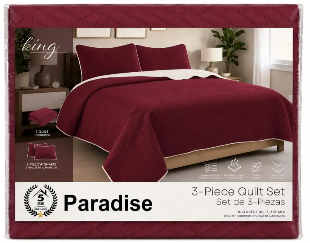 Paradise 3-Piece Quilted Bedspread Set – Burgundy Red Quilt with 2 Matching Pillow Shams