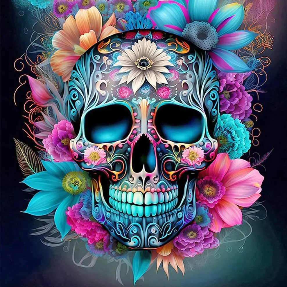 Skull & Flower Pattern DIY Diamond Arts Colorful Painting without Frame, DIY 5D Painting Kit, Wall Art Decor for Home Living Room Bedroom