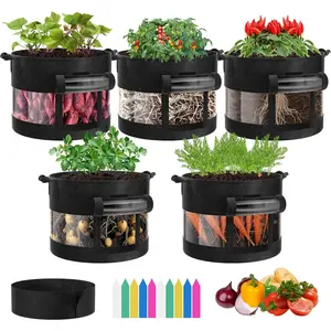 5-Pack 7 Gallon Visible  Grow Bags, Thick Fabric  Pots with 360? Visibility & Harvest Window,  Growing Containers  Planter  Planter for Growing Potatoes, Black