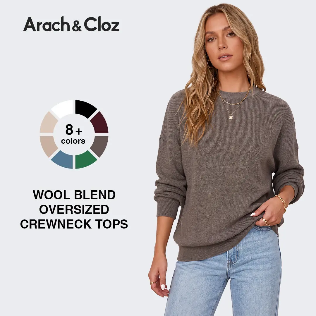 Arach&Cloz Women's Wool Blend Oversized Sweaters Crewneck Casual Winter Outfits Fashion Tops SummerVibes Knitwear Womenswear