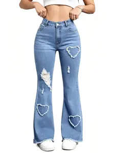 Women's Light Blue Washed High Waist Elastic Heart Ripped Micro Flare Leg Denim Jeans, Vintage Sweet Chic Style, Fashion Versatility, Perfect Body Shape Optimization
