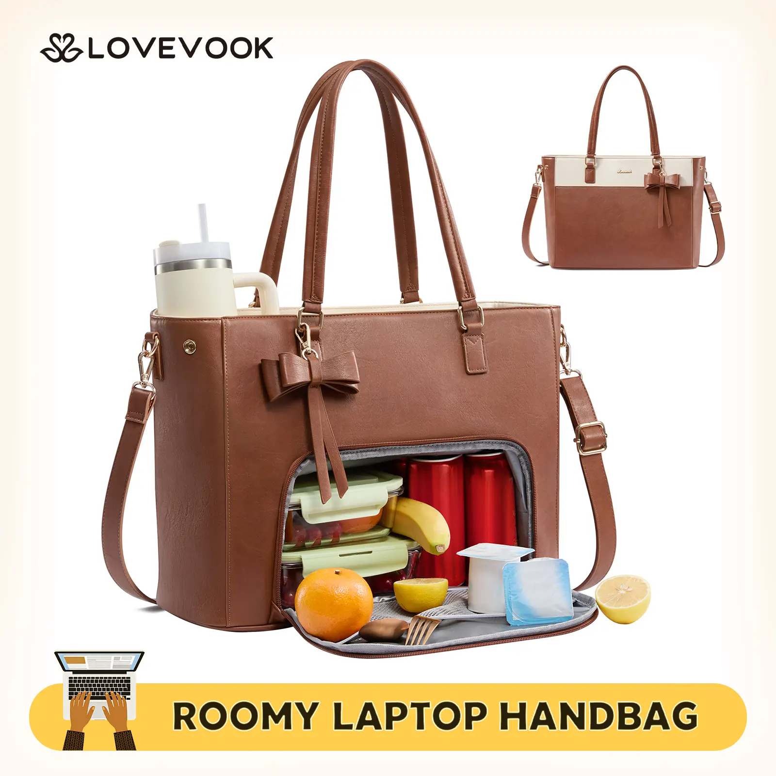 LOVEVOOK Work Tote Bag with Lunch Compartment, 3 in 1 Laptop Tote Bag for Women with Giant Tumbler Holder for Teacher, Nurse, Travel, Office, Daily
