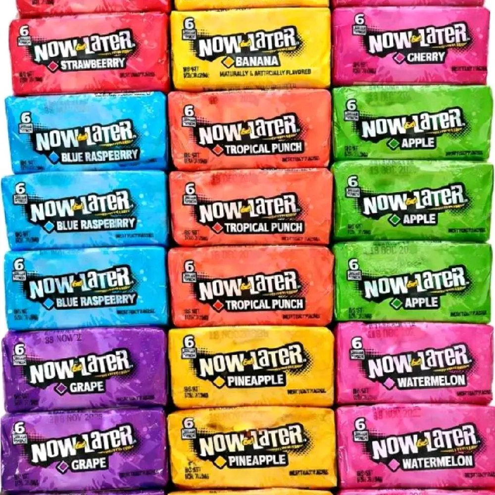 Now and Later Low Fat Tangy Fruity Candies Variety Pack - 27 packs   (3 Each of Cherry, Strawberry, Watermelon, Grape, Pineapple, Tropical, Banana Flavors), 6 pieces in each pack 27 packs x 6 equals 162 Chewy Snack pieces