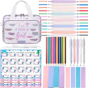Bible Cover Case Bag Study Supplies Journaling Kit with Pastel Highlighters, Black Gel Pens, Colored Pencils, 75 Tabs, 320 Post Sticky Notes