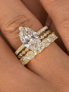 Effinny Non Tarnish 925 Sterling Silver 3.5ct Marquise Cut 14K Gold Plated 3PC Wedding Ring Set,  Trendy Promise Jewelry with 2 Eternity Bands, 5A Cubic Zirconia Women's Ring for Daily,Travel, Party