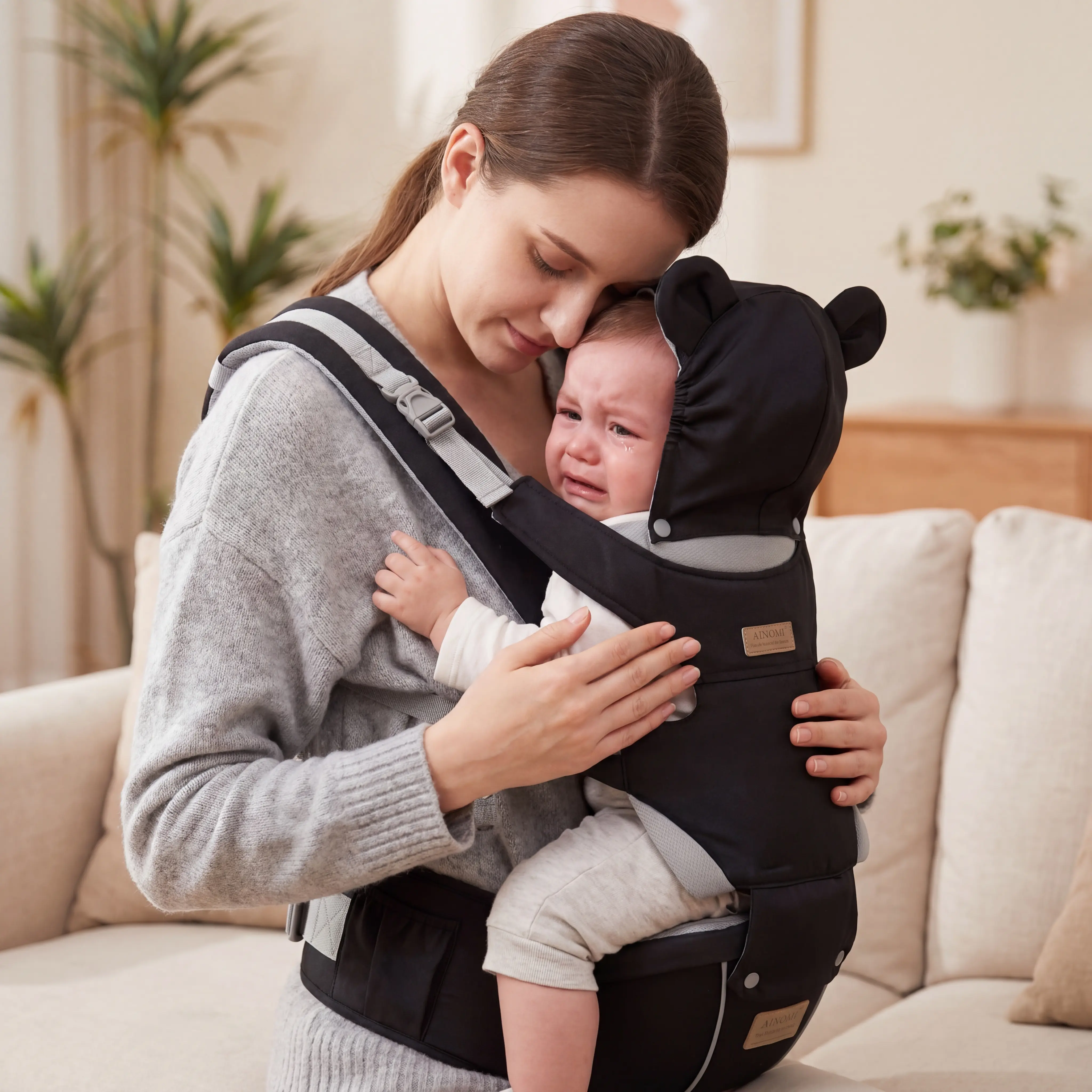 Ainomi Ergonomic Polyester Baby Carrier - All-in-1 Unisex, Breathable, Adjustable Harness, Logos Design, Portable for Newborns to Toddlers (0-3 Years)