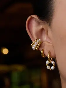 Ladies Pearl Embellished Personalized Three Layer Earrings Stainless Steel 18k Gold Plated Anti Allergy Elegant Style Banquet Jewelry Gift