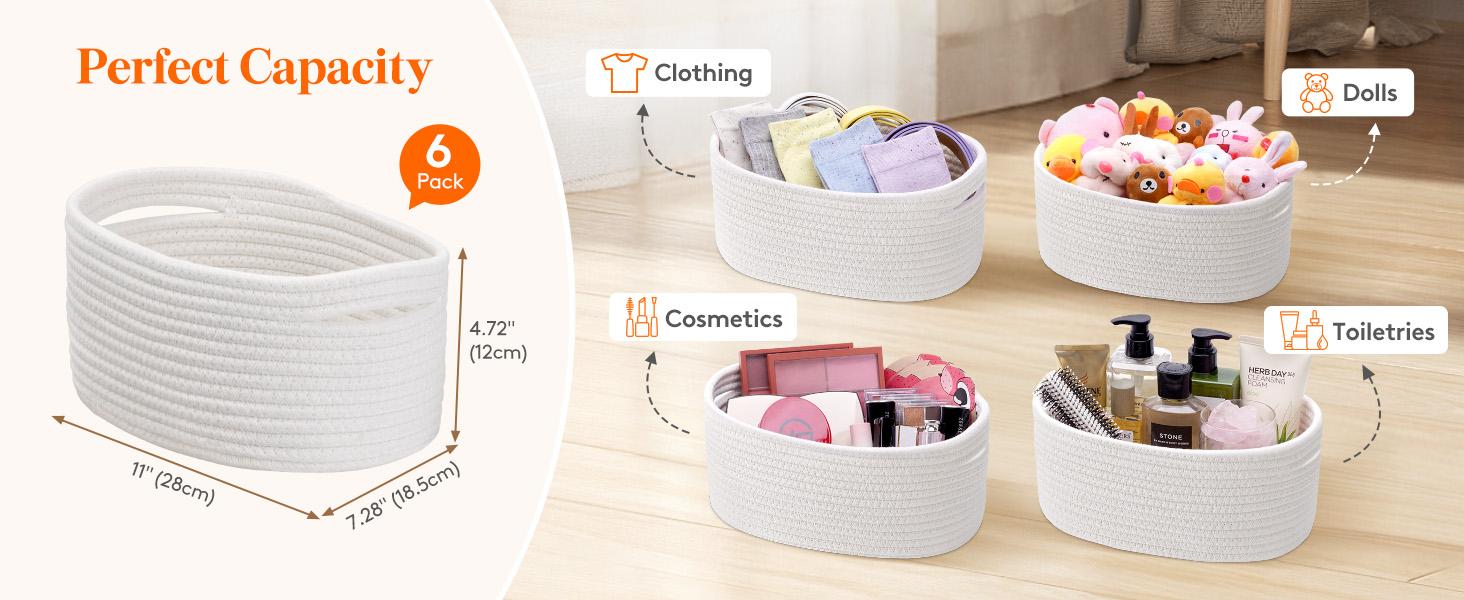 Lifewit 6 Pack Woven Baskets - Cotton Rope Baskets for Storage, White, Ideal for Organizing, Round Storage Box Caddy for Closet