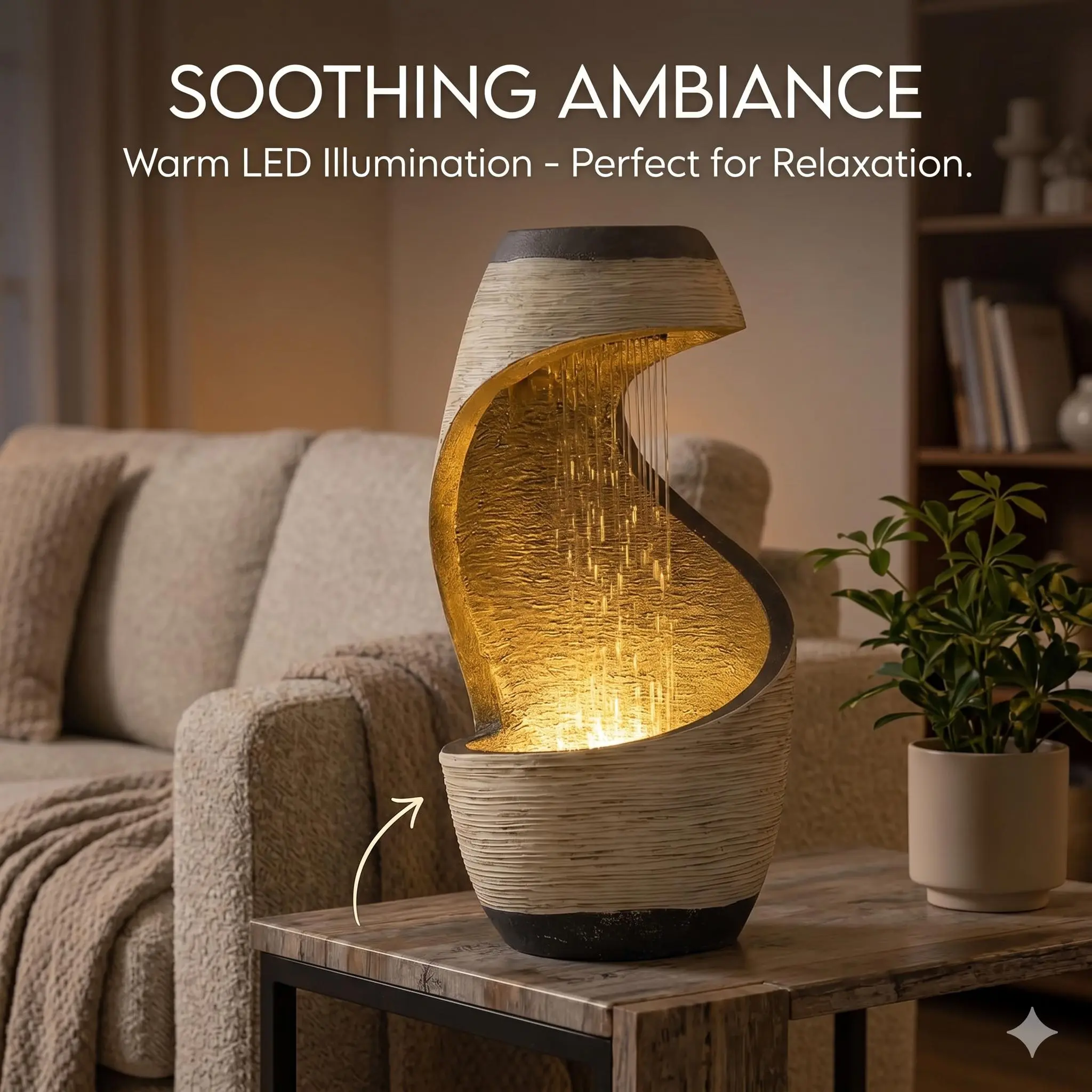 Tankana Round Mini Indoor Resin Water Feature - Asymmetrical Double-Bowl Home Decor with Faux Plant, Quiet Pump, LED Light, ASMR Relaxation Aid, 5.51 lbs, Ideal for Coworker Birthdays, Housewarmings, Home/Office Desktops, Trendy Desktop Ornaments, Collect