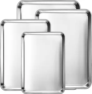 Set of 4 Baking Sheets, Heavy Duty 0.8mm Stainless Steel Cookie Sheets for Baking, Nonstick Baking Pans, 9/10/12/16 Inch Oven Baking Trays, Non Toxic Mirror Finish Easy to Clean