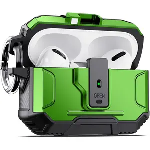 L-HPS017  Armor Earphone Cover Case for Airpods Pro 2, Military Grade Full Body Shockproof Protection Hard Case, Support Wireless Charging with Keychain, Magnetic Lid, Front LED Visible, Green