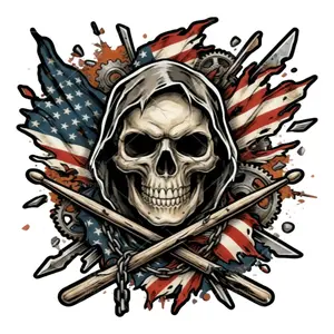 6 Pack American Flag Drummer Skull Drumstick Iron on Patches for Clothing Bags DIY Craft Music Band Marching Badge Emblem Heat Transfer Decals Reusable Adhesive Stickers