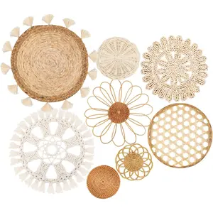 Boho Wall Basket Decor Set of 8  Flat Woven Basket Wall Hanging Decor,Round Tassels White Macrame Tapestry Wall Decor Art,Handmade Rattan Wicker Seagrass Home Wall Baskets Decor  Boho Classic