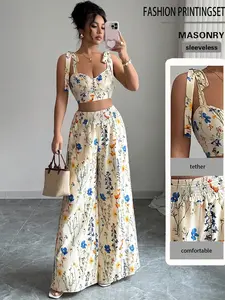 Women's French Country Aesthetic Bohemian Floral Print Set, Strapless Tie Top + High Waist Wide Leg Pants, Casual Concealing Long Pant Set