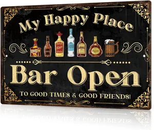 Bar Sign for Home Bar, Drink Vintage Metal Tin Sign, My Happy Place Bar Open, Bar Wall Art Decor for Home Bar Pub Club Garage Man Cave 8 X 12 Inches, Weatherproof, Wall Sign Bar Signage Decorative Sign