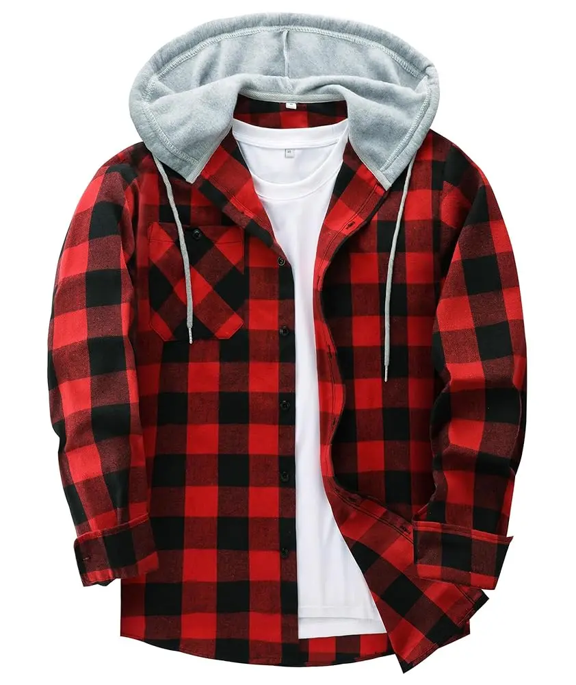 ZITY Men's Plus Size Checked Flannel Hooded Long Sleeve Shirt-Jacket - Button Front, Drawstring Hood, Pockets, Soft Casual Style Outerwear for Streetwear, Office Classic Outdoor