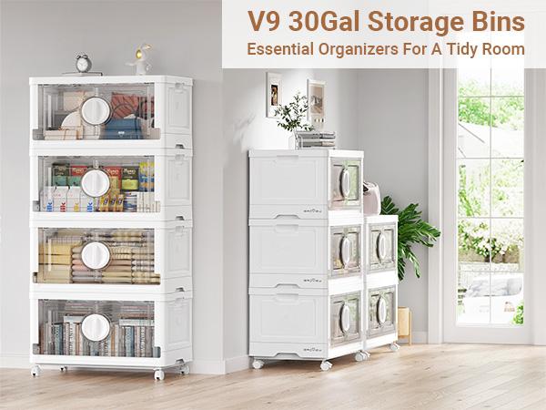 BROVIEW V9 360Qt/480Qt Stackable Storage Bins with Lids, Closet Organizers and Storage Drawer, Collapsible Storage Bin with Wheels, Plastic Cabinet for Home Toy Clothes Dorm Organizer