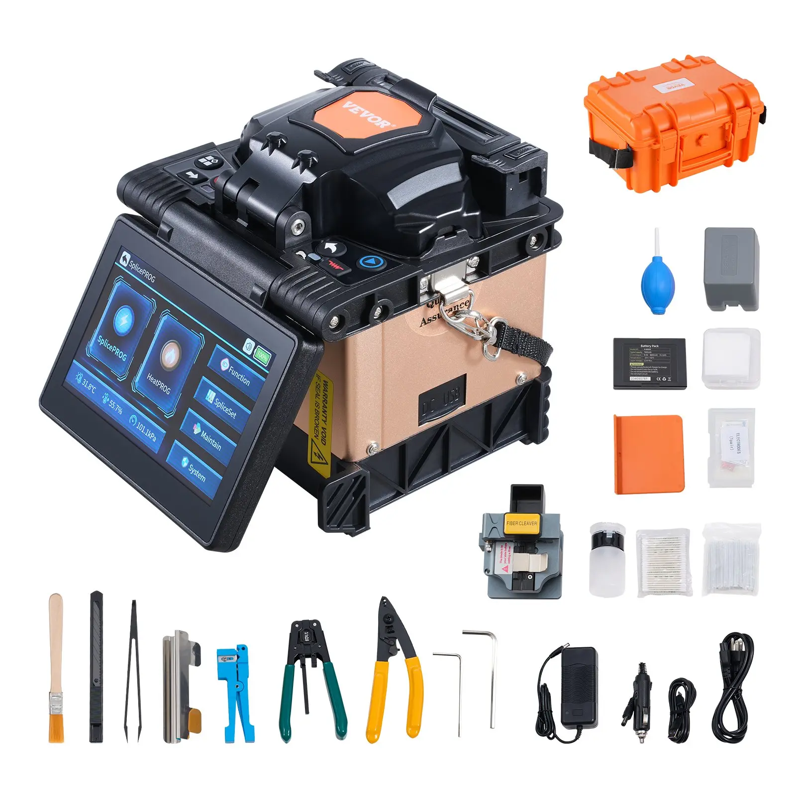 VEVOR Fiber Fusion Splicer 4 Motors, Clad Alignment Fiber Optic Splicer 6s Splicing & 13s Heating, Fiber Splicer Machine with 5" Touch Screen, 3 in 1 Fiber Holder, 7800mAh Battery for SM MM DS NZDS