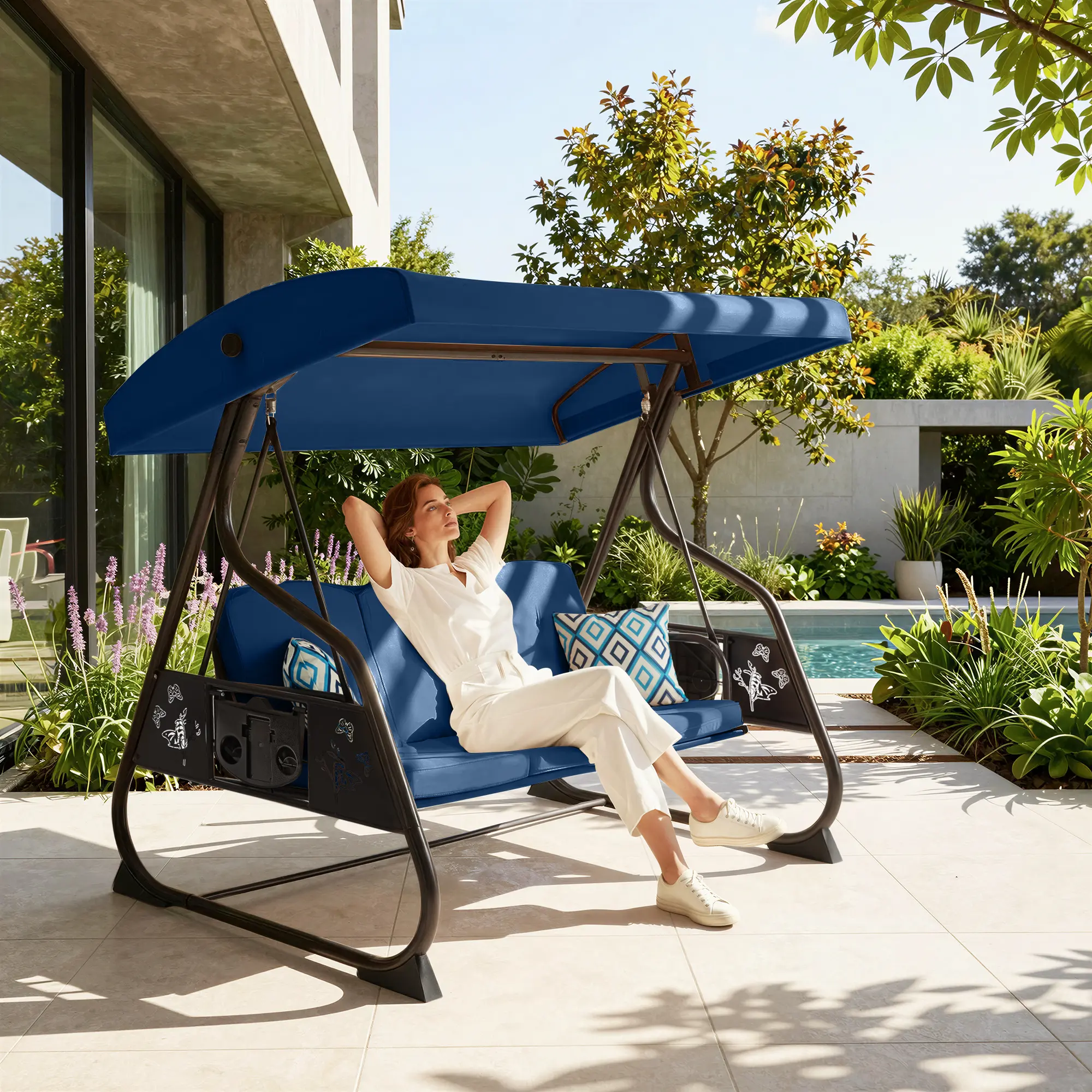 ZZW 3-Seat Iron Frame Patio Swing Bed with Stand, 800lb Heavy-Duty 2-in-1 Outdoor Furniture, All-Weather Adjustable Canopy, Cup Holder & Fabric Cushions for Backyard Deck Adults,home decor,camping essentials