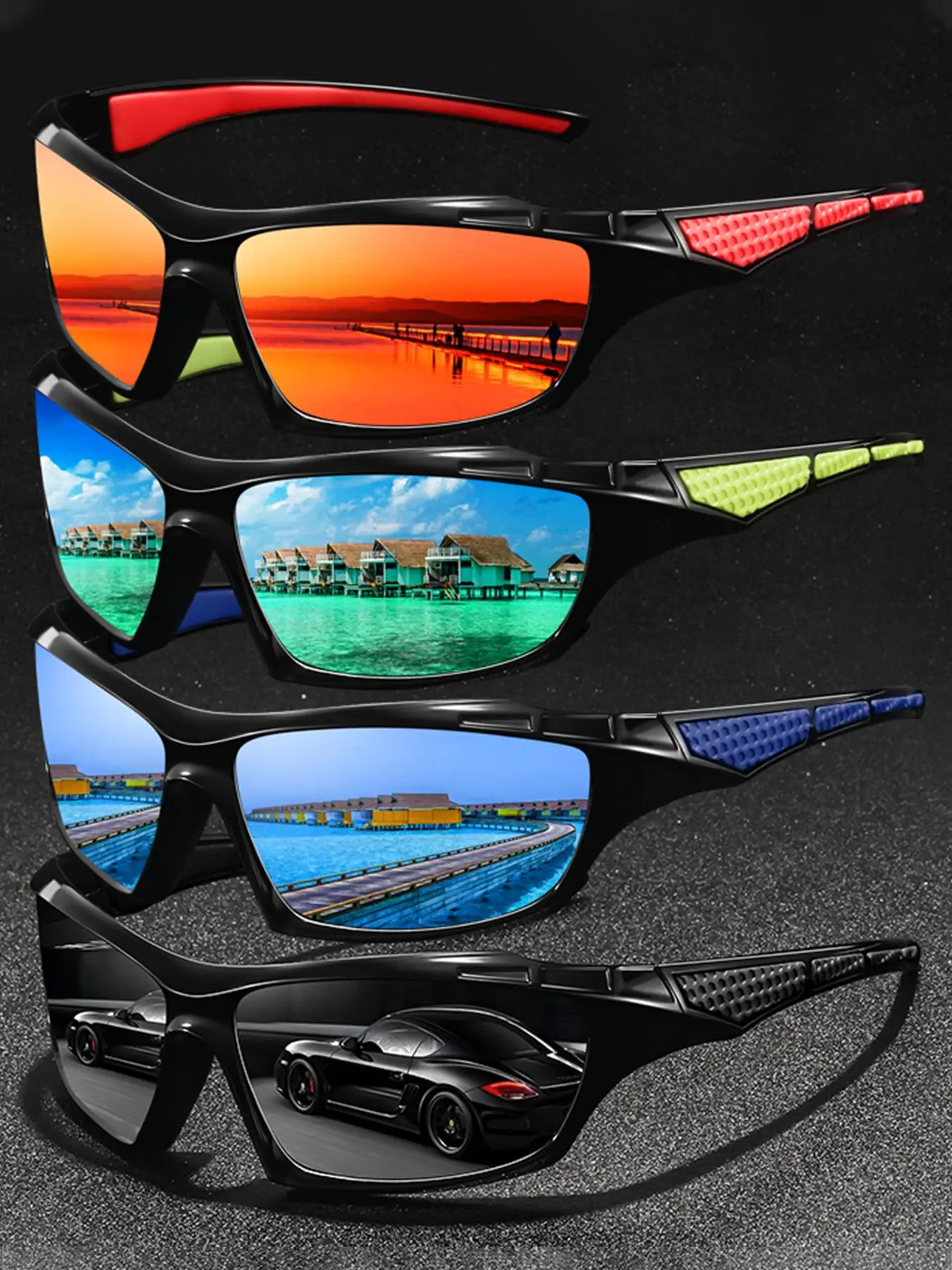 4 pairs of new trendy boxy sports glasses, with a neutral design, black frame paired with anti slip particle rubber legs, and high-definition lenses. Outdoor exclusive for driving, cycling, fishing. Balancing anti slip comfort and cool fashion.