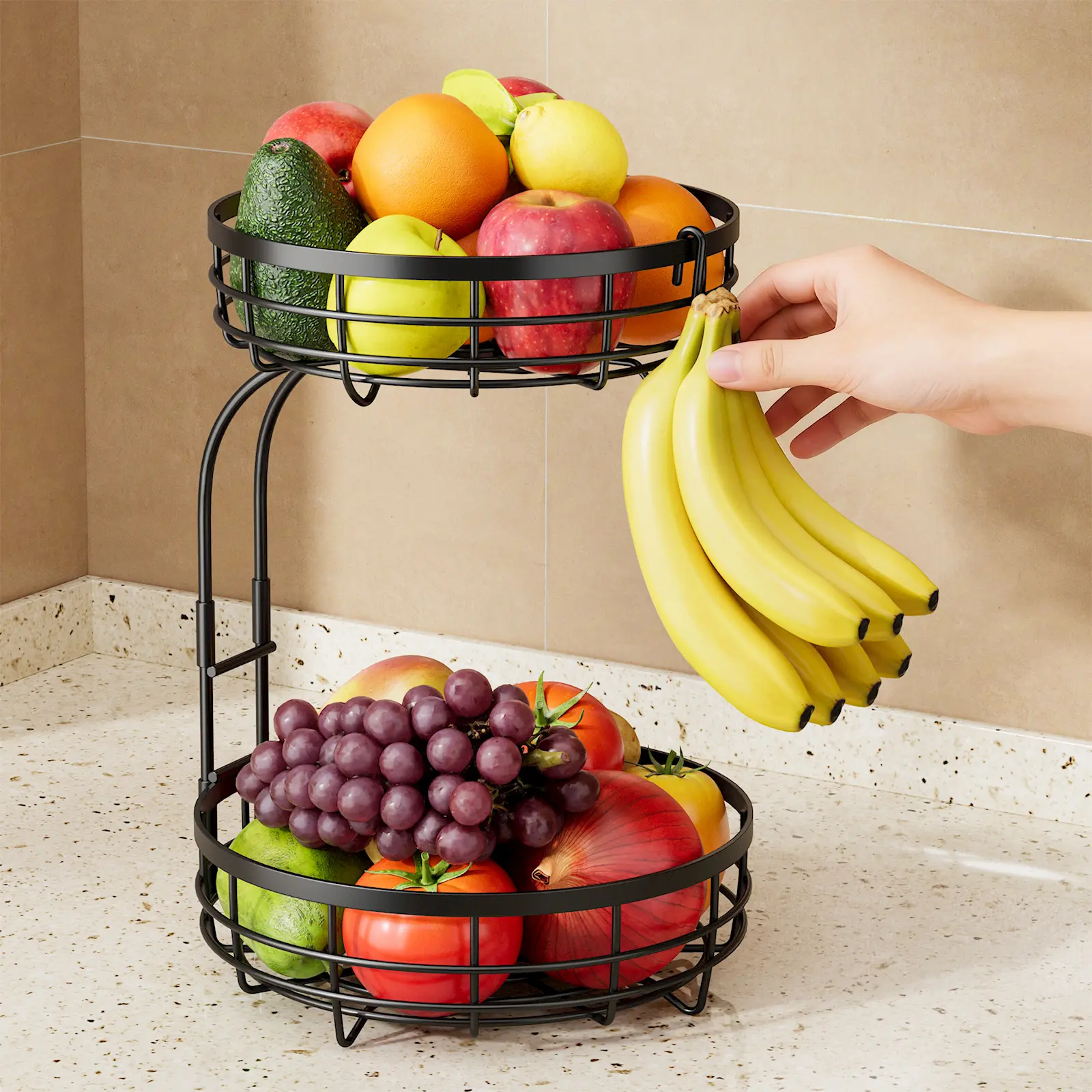 Sakugi Fruit Basket 2-Tier Black Wire Round Fruit Bowl Detachable Storage Rack for Kitchen Countertop Easy Assembly Modern Home Decor