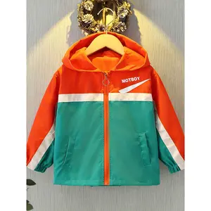 NewBoys' Casual Hooded Windbreaker Jacket - Bright Orange & Teal with MOTBOY Lettering, Loose Fit Full-Zip Spring/Fall Outerwear, Durable Polyester for Active Youngsters, Youngsters Casual Jacket|   Casual Loose Fit|   Fullzip Closure