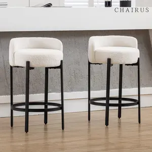 【Mother's Day Gifts】CHAIRUS Counter Height Bar Stools Set of 2, Modern 26"  Sherpa Fabric Round Barstools,Upholstered Counter Stools with Black Metal Legs and Footrest, Bar Stools for Kitchen Island Counter,Dining Room,Small Space, White