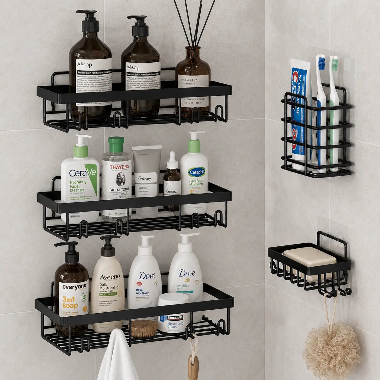 Black Shower Caddy 5 Pack, Adhesive Bathroom Organizer Shelves No Drilling, Rustproof Shower Storage Rack with Hooks, Toothbrush Holder & Soap Dish, Renter Friendly Apartment Essentials for Small Bathroom, Dorm, RV, Kitchen