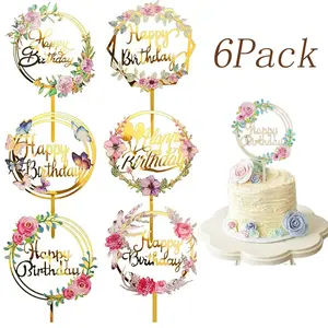 6 Pack Happy Birthday Flower Cake Topper,Golden Flower Acrylic Cupcake Cake Toppers,Birthday Party Cake Desserts,for Birthday Party Anniversary Pastries