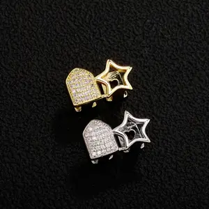 New personality selling hip-hop double hollow braces pentagonal micro-inlaid zircon braces TEMU explosion rap trend accessories