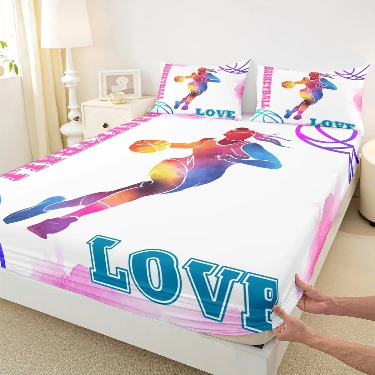 Basketball Lovers Kids Fitted Sheet,Modern Sports Games Competition Bedding Set,Girls Boys Adults Room Decor,Hand Painted Fashion Bed Cover,Pink Purple Bed Sheet